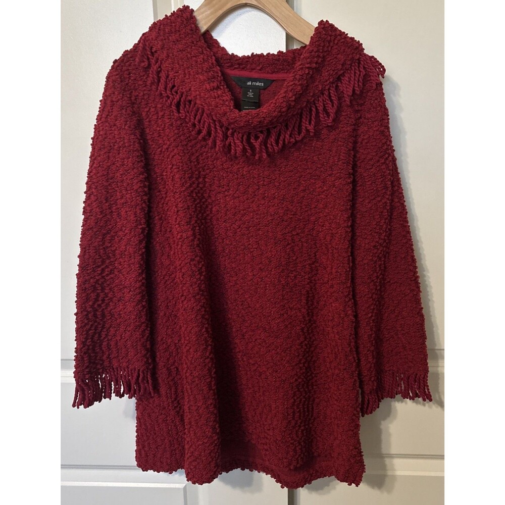 Ali Miles Sweater Size Small Red Yarn Fringe Hem 3/4 Sleeves Cowl Collar Knit